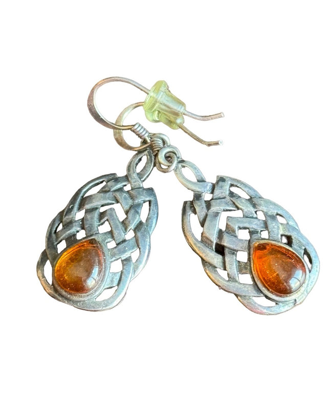 Vintage celtic braided design amber dangle earrings sterling silver 925