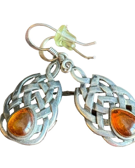 Vintage celtic braided design amber dangle earrings sterling silver 925