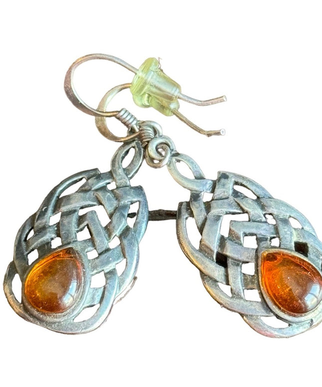 Vintage celtic braided design amber dangle earrings sterling silver 925