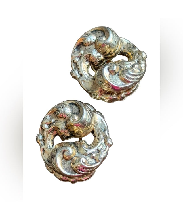 Vintage gold finish swirl fancy leaf chunky clip on earrings Victorian revival