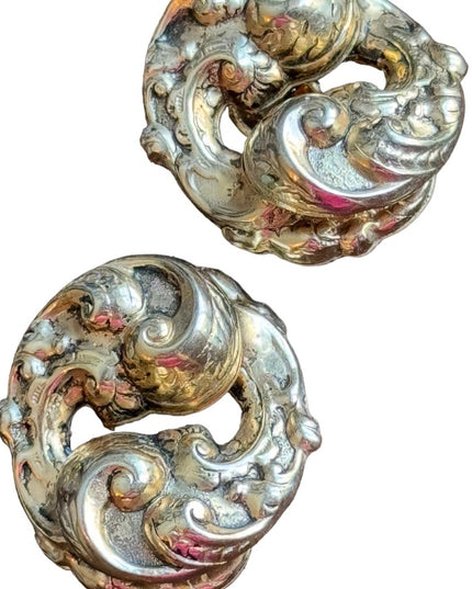 Vintage gold finish swirl fancy leaf chunky clip on earrings Victorian revival