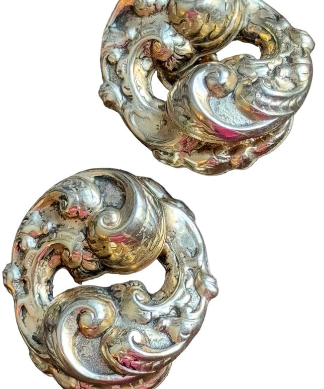 Vintage gold finish swirl fancy leaf chunky clip on earrings Victorian revival