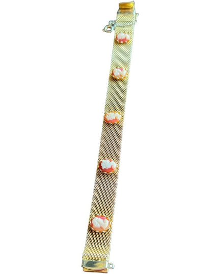 Vintage 1970s gold finish mesh faux resin cameo bracelet