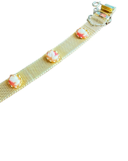 Vintage 1970s gold finish mesh faux resin cameo bracelet