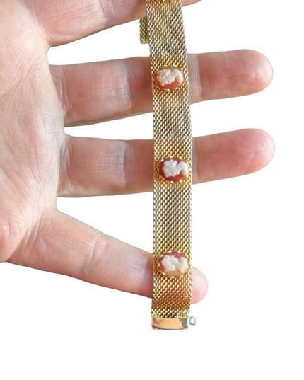 Vintage 1970s gold finish mesh faux resin cameo bracelet