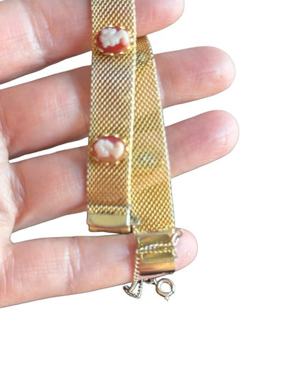 Vintage 1970s gold finish mesh faux resin cameo bracelet