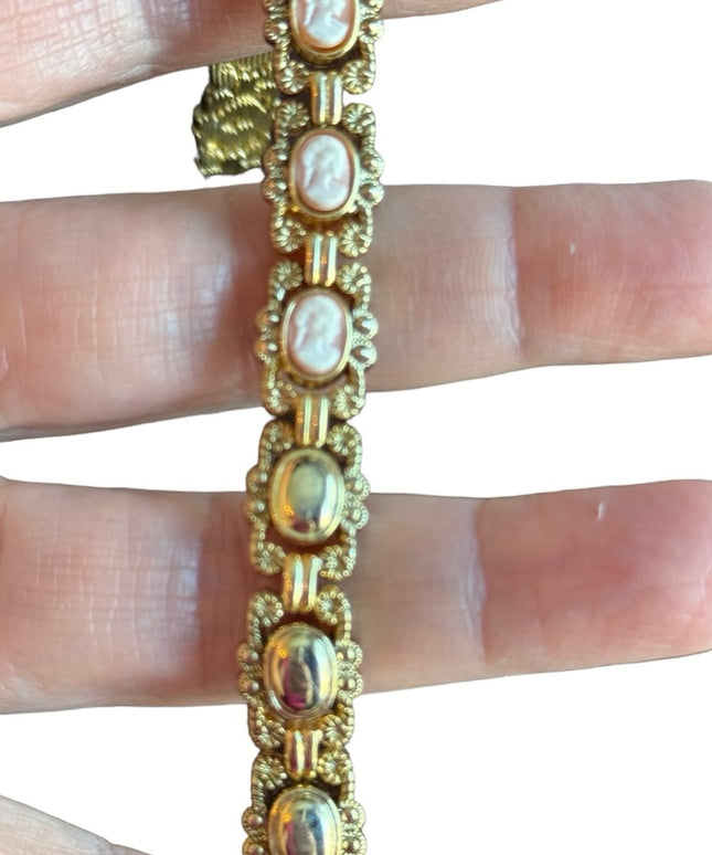 Vintage gold finish faux cameo ornate link bracelet
