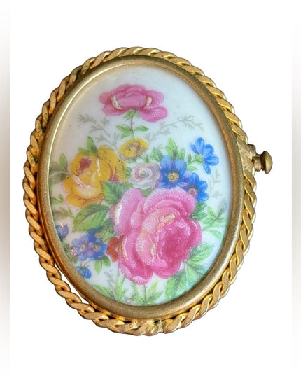 Antique Limoges Colorful oval hand painted flowers France ceramic brooch gold