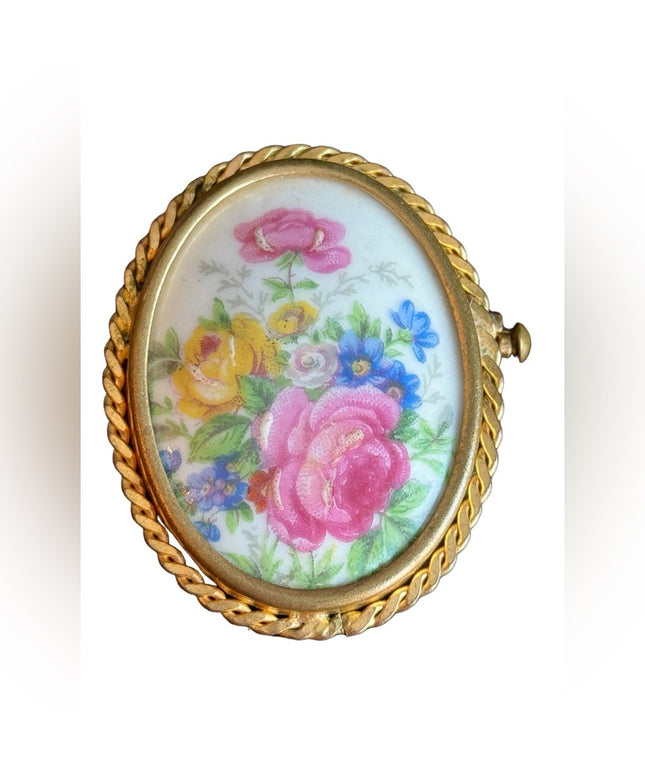 Antique Limoges Colorful oval hand painted flowers France ceramic brooch gold