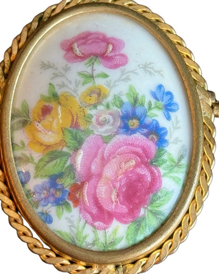 Antique Limoges Colorful oval hand painted flowers France ceramic brooch gold