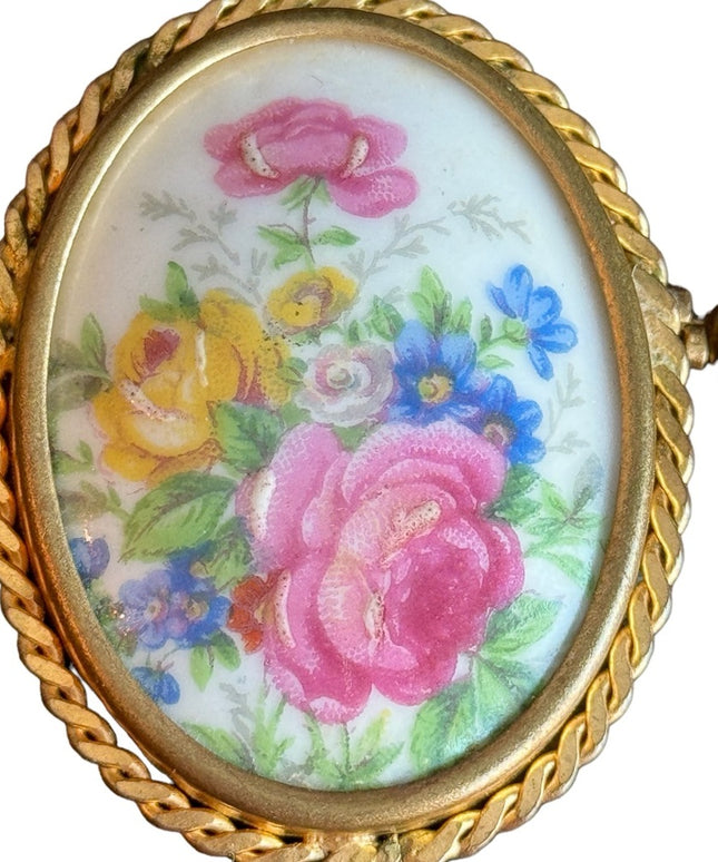 Antique Limoges Colorful oval hand painted flowers France ceramic brooch gold