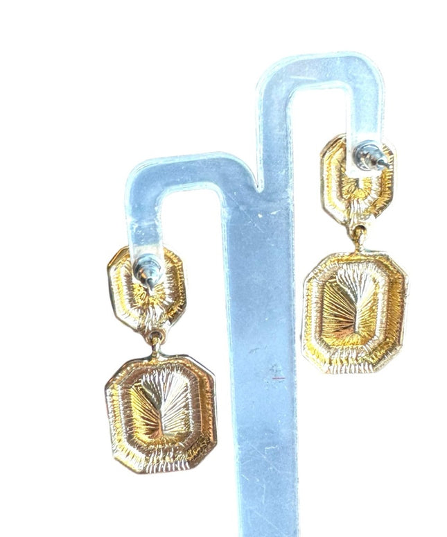 Lovely blue enamel purple glass crystal gold finish dangle quality earrings