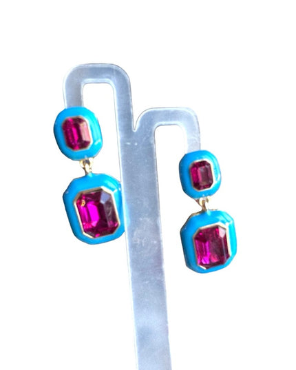 Lovely blue enamel purple glass crystal gold finish dangle quality earrings
