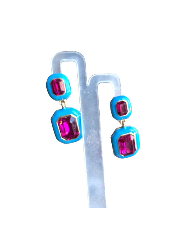 Lovely blue enamel purple glass crystal gold finish dangle quality earrings