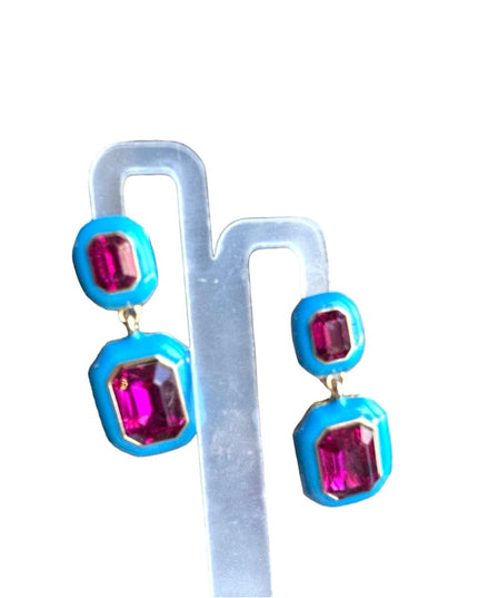Lovely blue enamel purple glass crystal gold finish dangle quality earrings