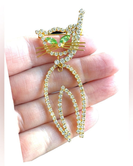 Vintage gold finish kitty cat dangle brooch rhinestone crystals