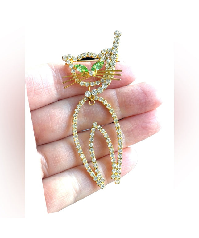 Vintage gold finish kitty cat dangle brooch rhinestone crystals