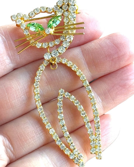 Vintage gold finish kitty cat dangle brooch rhinestone crystals