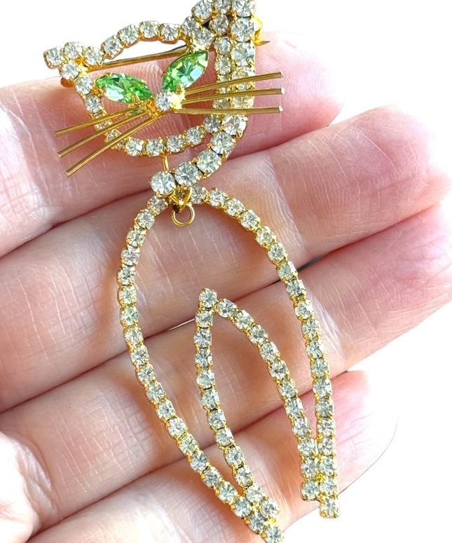 Vintage gold finish kitty cat dangle brooch rhinestone crystals