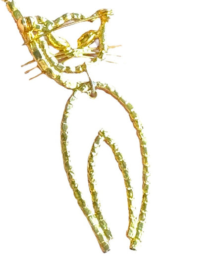 Vintage gold finish kitty cat dangle brooch rhinestone crystals
