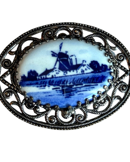 Vintage 1960s Ceramic Delft windmill blue and white ceramic brooch Holland