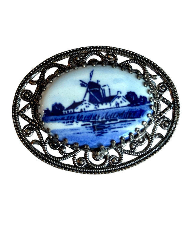 Vintage 1960s Ceramic Delft windmill blue and white ceramic brooch Holland