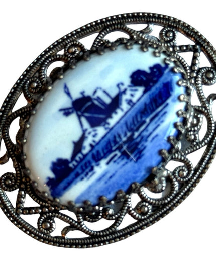 Vintage 1960s Ceramic Delft windmill blue and white ceramic brooch Holland