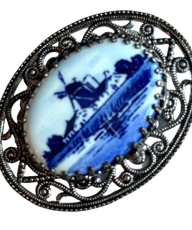 Vintage 1960s Ceramic Delft windmill blue and white ceramic brooch Holland