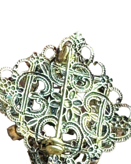 Vintage antiqued green glass crystal fancy filagree brooch