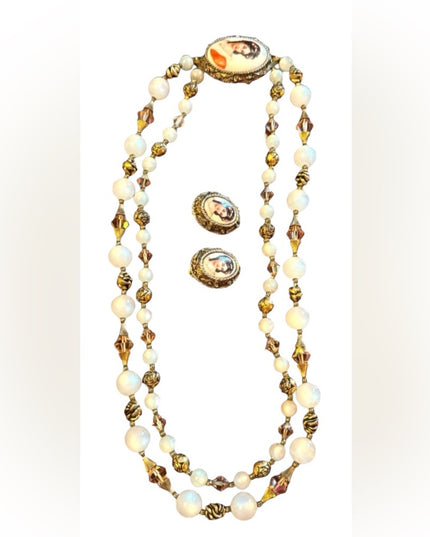Mid Century vintage LIMOGES Necklace & Eareings SET cryatals gold art deco style