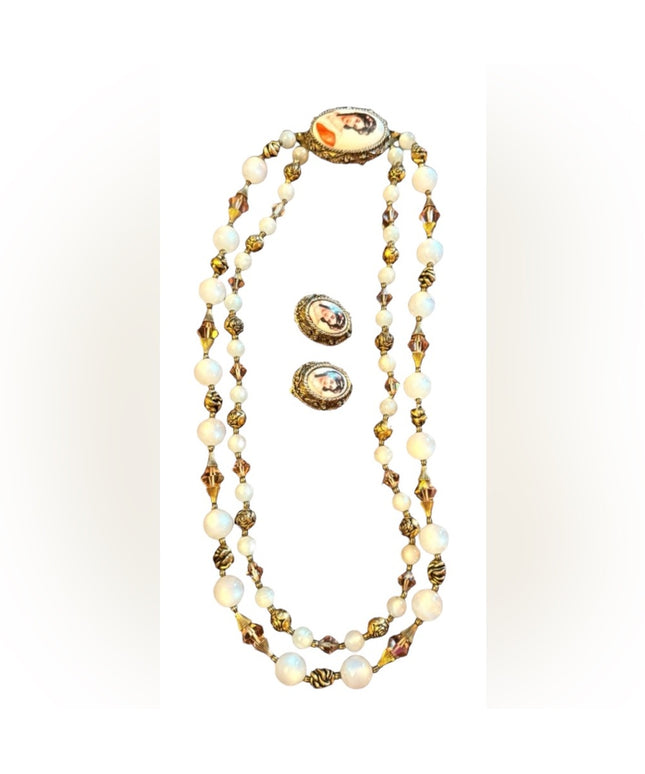Mid Century vintage LIMOGES Necklace & Eareings SET cryatals gold art deco style