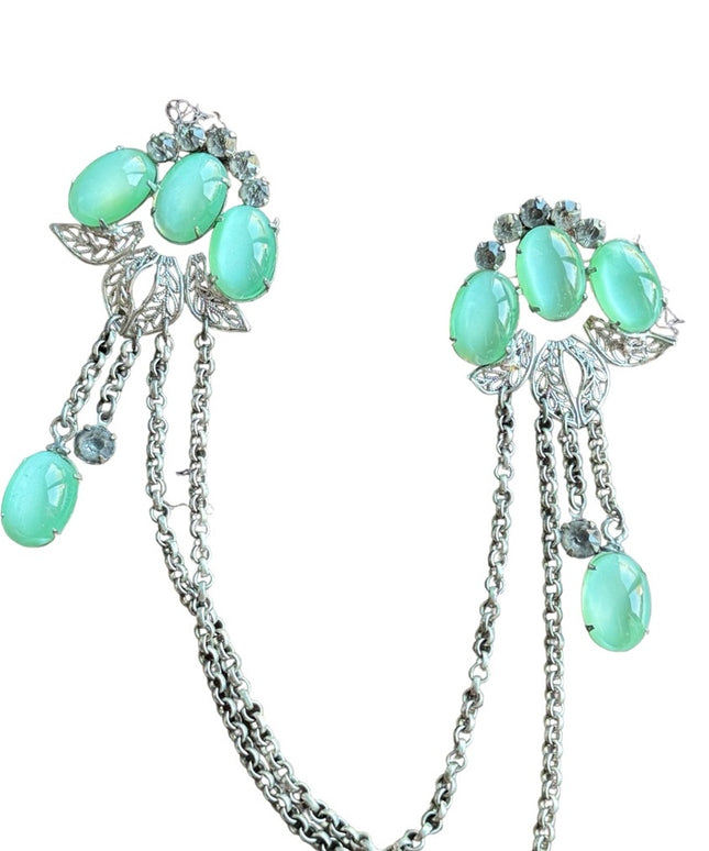 Vintage Silver Rhinestone Sweater Double Chatelaine Brooch Green glass