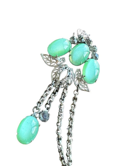 Vintage Silver Rhinestone Sweater Double Chatelaine Brooch Green glass