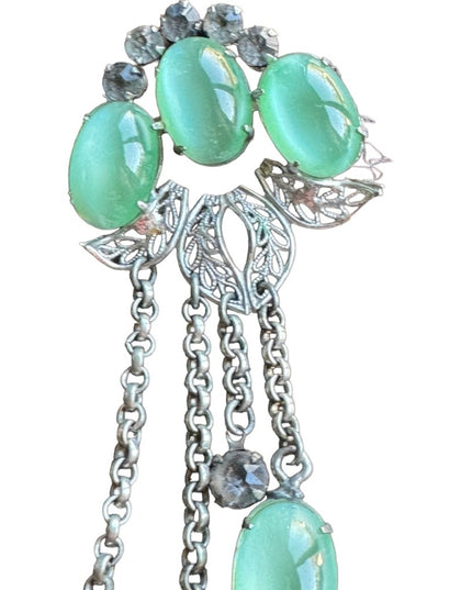 Vintage Silver Rhinestone Sweater Double Chatelaine Brooch Green glass
