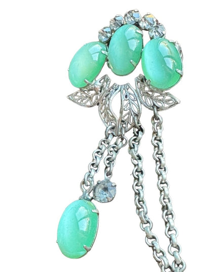 Vintage Silver Rhinestone Sweater Double Chatelaine Brooch Green glass
