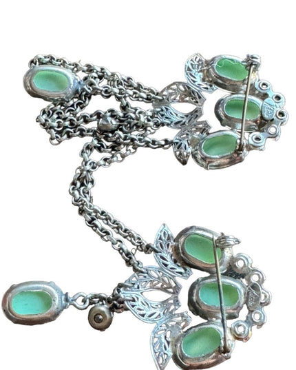 Vintage Silver Rhinestone Sweater Double Chatelaine Brooch Green glass