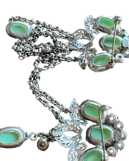Vintage Silver Rhinestone Sweater Double Chatelaine Brooch Green glass
