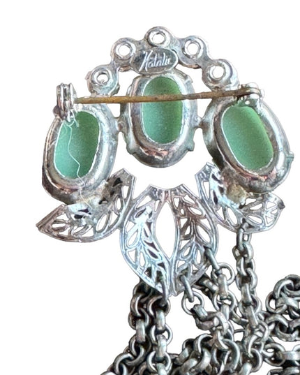 Vintage Silver Rhinestone Sweater Double Chatelaine Brooch Green glass