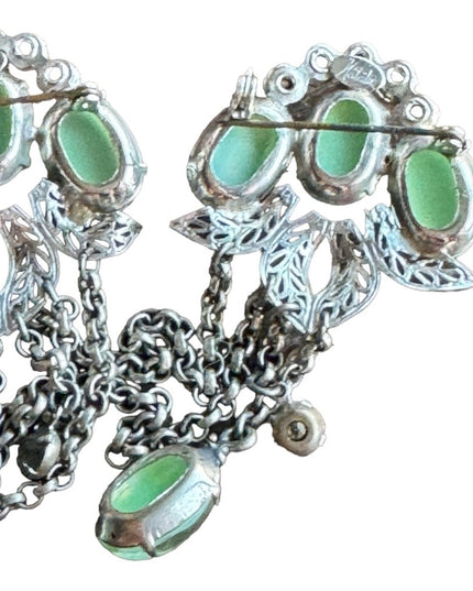 Vintage Silver Rhinestone Sweater Double Chatelaine Brooch Green glass