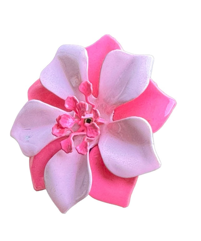 Vintage 1960s pink metal flower enameled brooch