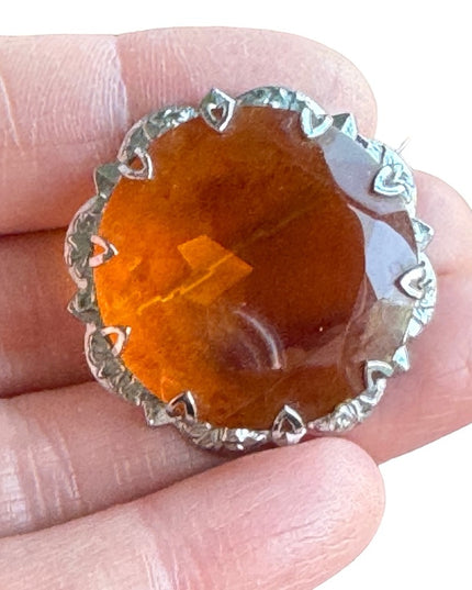 Vintage silver MIZPAH amber crystal round Scottish fancy brooch