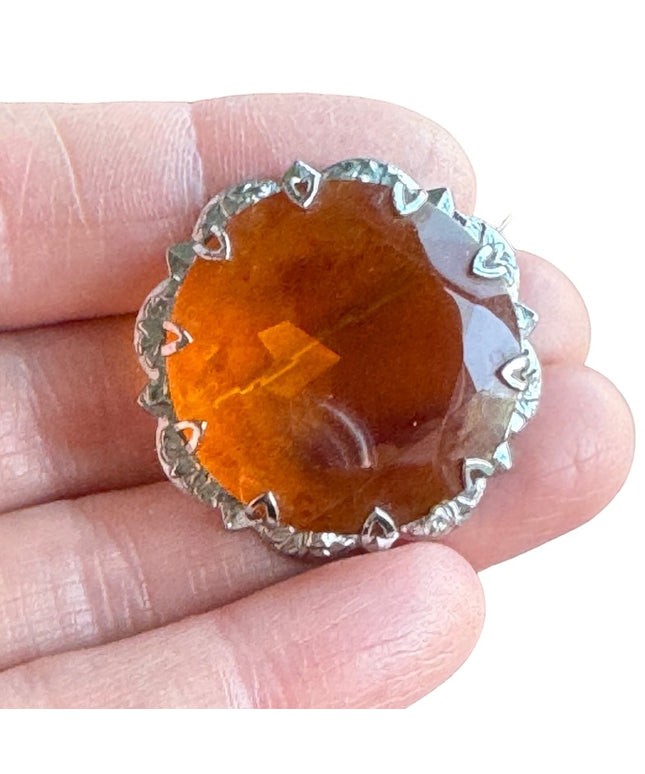 Vintage silver MIZPAH amber crystal round Scottish fancy brooch
