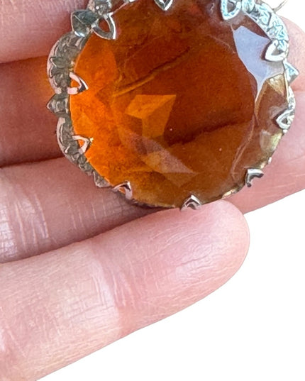 Vintage silver MIZPAH amber crystal round Scottish fancy brooch