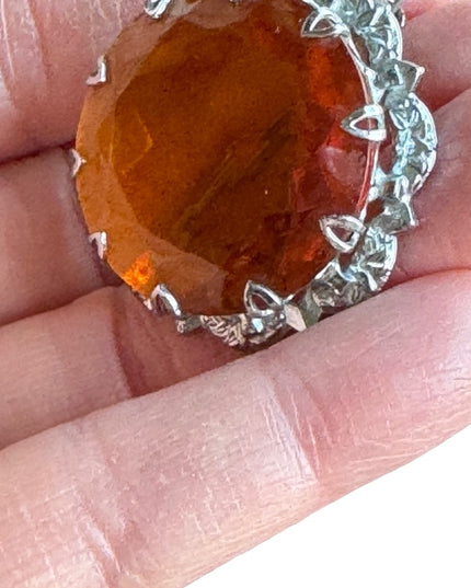 Vintage silver MIZPAH amber crystal round Scottish fancy brooch