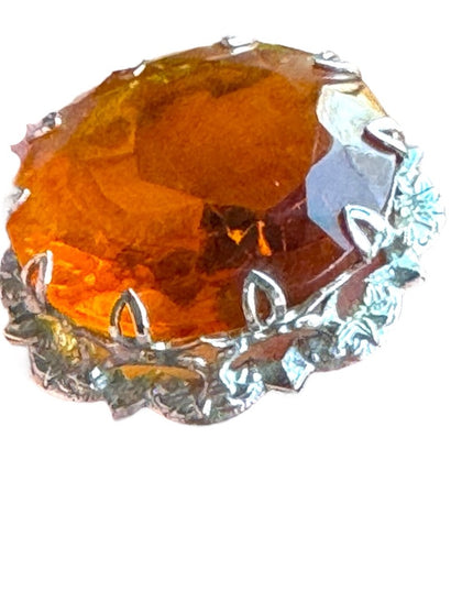 Vintage silver MIZPAH amber crystal round Scottish fancy brooch