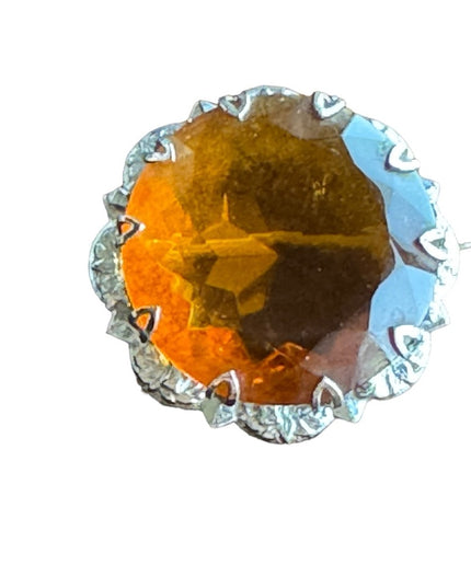 Vintage silver MIZPAH amber crystal round Scottish fancy brooch