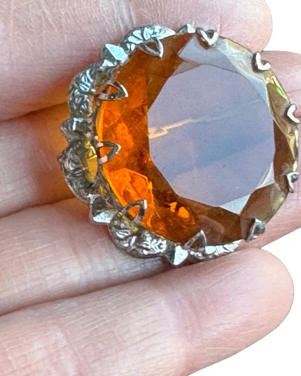 Vintage silver MIZPAH amber crystal round Scottish fancy brooch