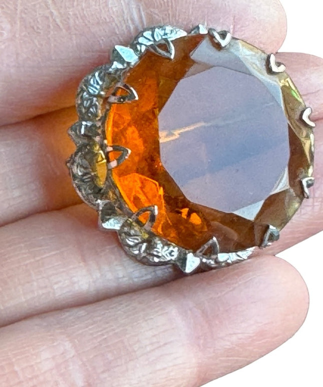 Vintage silver MIZPAH amber crystal round Scottish fancy brooch