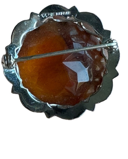 Vintage silver MIZPAH amber crystal round Scottish fancy brooch
