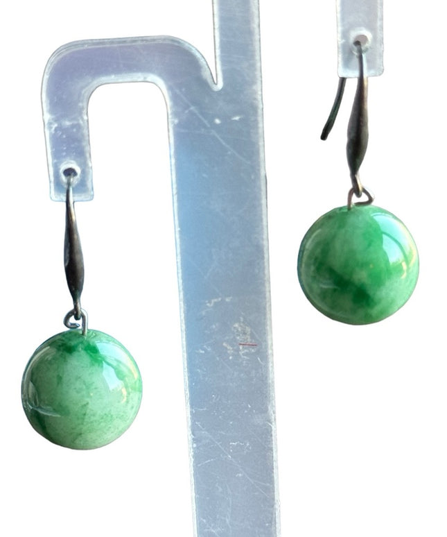 Lovely stunning 14mm Sterling silver 925 JADE dangle round earrings